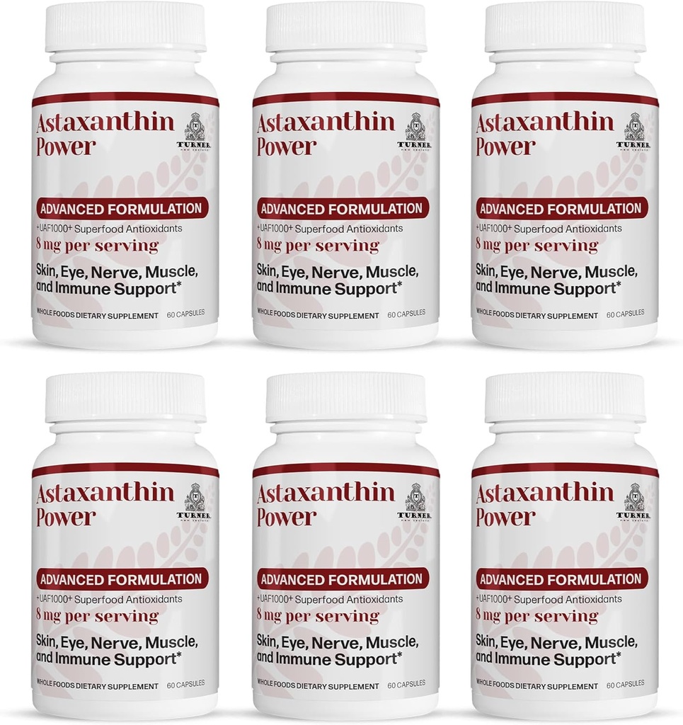 TURNER Jaunzēlande Astaksantīna Power ar UAF1000+, pretnovecošanās, ādas, acu, nervu, muskuļu reģenerācija, Imūnsupport Antioksidants Papildinājums, 12mg astaksantīns, 180 Servējumi, 6 pudeles