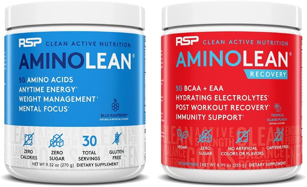 RSP NUTRITION AminoLean Pre Workout Energy (Blue Avenes 30 Servings) ar AminoLean Recovery Post Workout Boost (Tropiskā sala Punch 30 Servings)