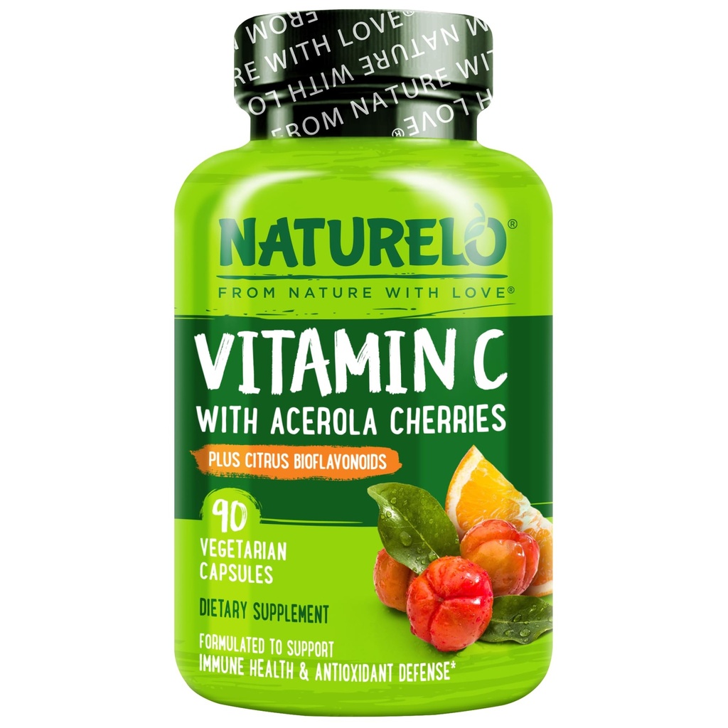 NATURELO C vitamīns ar Organisko Acerola ķiršu ekstraktu un Citrus Bioflavonoids - Vegan papildinājums - Imūnsupport - 500 mg VIT C uz vāciņu - ne- GMO - 90 kapsulas