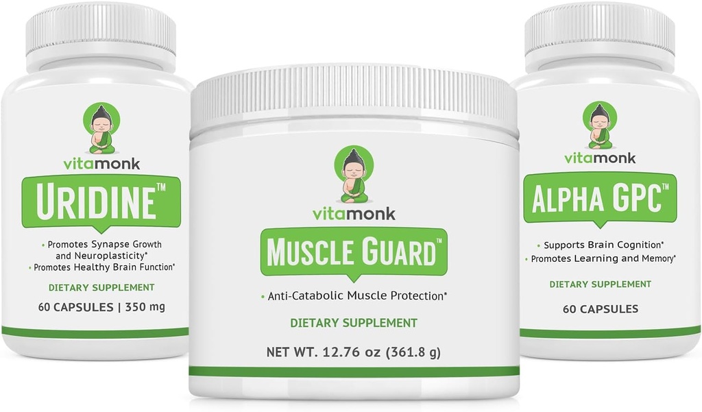 VitaMonk Muskuļu sargs un Alpha GPC Uridine Stack Bundle, HMB, EAA, D vitamīns, magnija un smadzeņu atbalsts Focus, dzidrums, un muskuļu augšanu