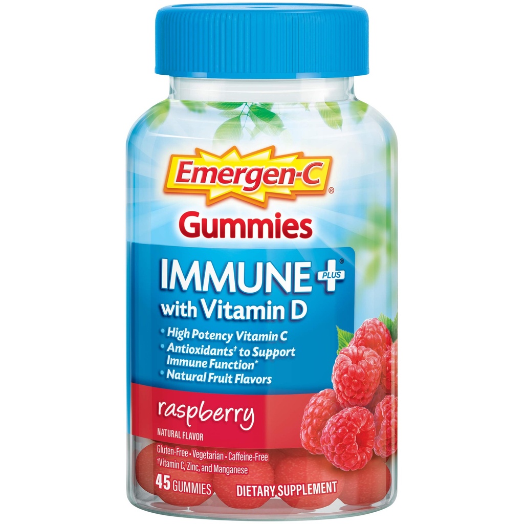 Emergen-C Imūnās+ Triple darbība Imūnsupport Gumies, BetaVia (R), 1000mg vitamīns C, B Vitamīni, vitamīns D un antioksidanti, aveņu, Atpakaļ uz skolu Essentials – 45 Skaits