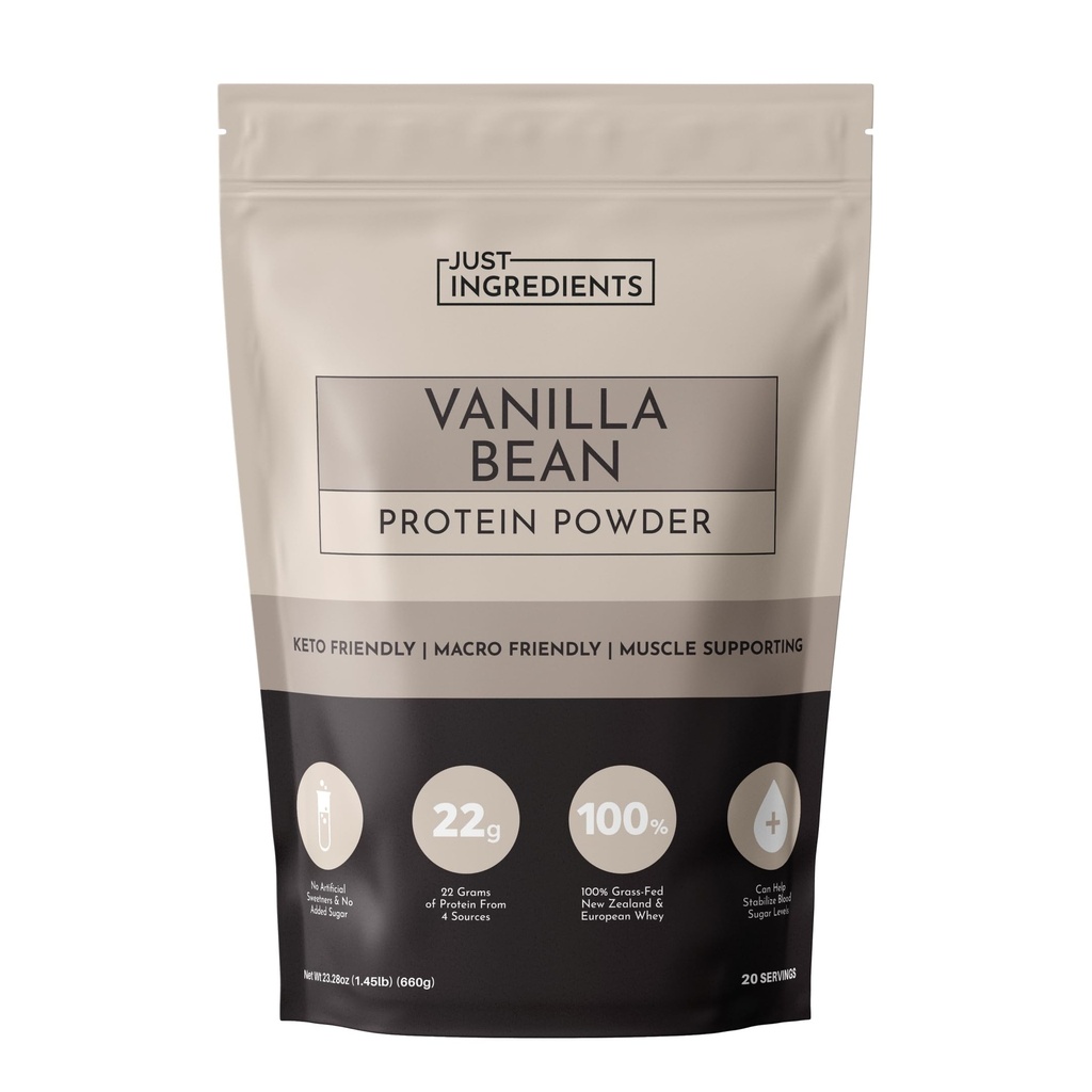 JUST SASTĀVDAĻAS Vanilla Bean Protein Powder – 20- Servējošs Blend ar 100 % zāles lopbarības sūkalu un organisko augu olbaltumvielas – Real Vanilla Bean & Cinnamon – atbalsta muskuļu reģenerācija, enerģija