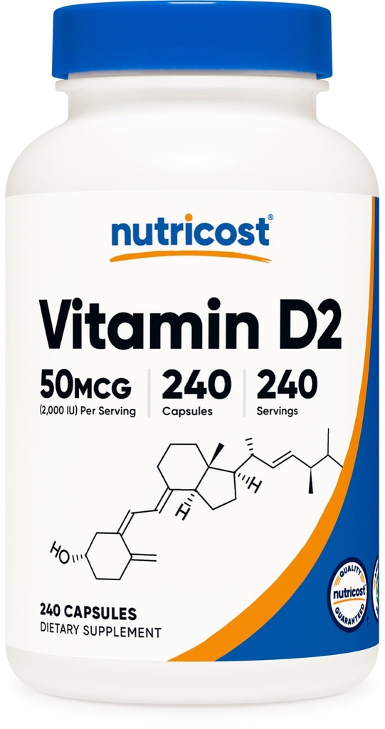 Nutricost D2 vitamīna papildinājums (2000 SV) 240 kapsulas - Vegan, ne- GMO, bez lipekļa, trešās puses pārbaudīts