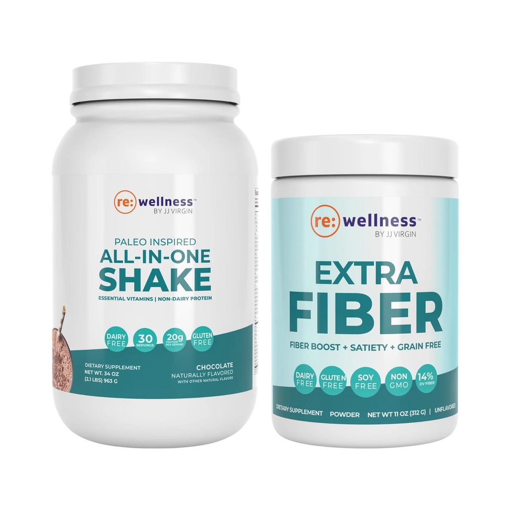 JJ Virgin šokolādes paleo all-in-one Shake un Extra Fiber pulvera papildinājums: