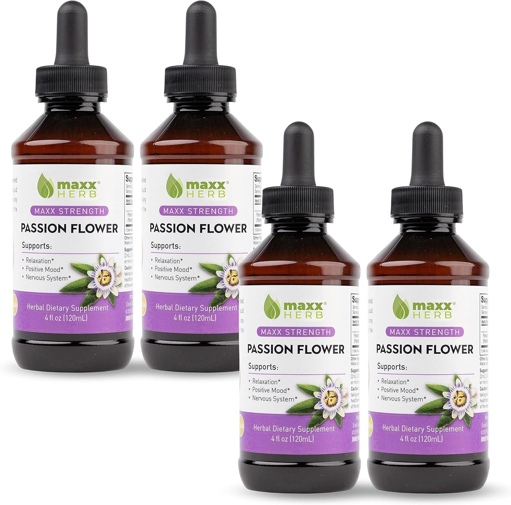 Maxx Herb Passion Flower ekstrakts - Max Stiprums Passion-ziedu šķidruma absorbenti labāk nekā kapsulas, relaksācijas un stresa atvieglošanai, bez alkohola - 4 pudeles, 4 Oz Katrs (240 Kalpo)