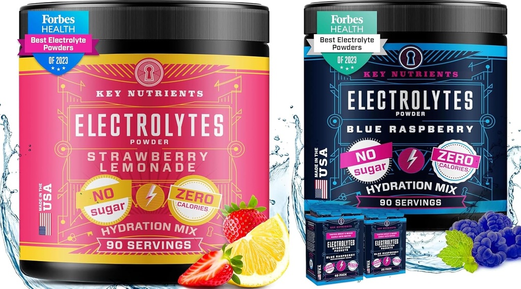 KEY NUTRIENTS Elektrolītu pulveris Ultimate Hydration & Wellness Bandle - Juicy zemeņu citronāde un salds zils aveņu elektrolītu pulveri - Nulle Cukurs, Keto-Draudzīgs, 90 Kalpo katru
