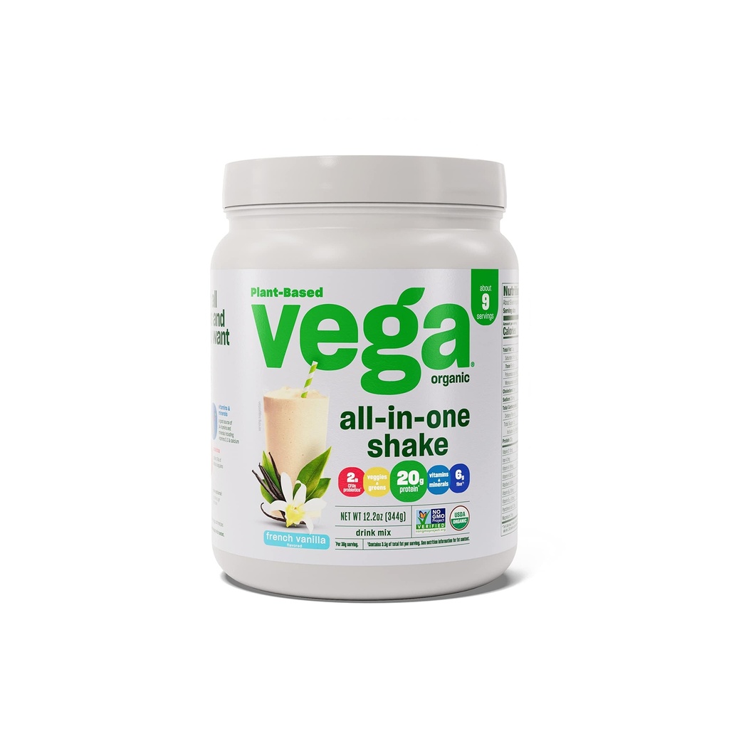 Vega Organic All-in-One Vegan Olbaltumvielu pulveris, Francijas Vanilla -Superfood Sastāvdaļas, Vitamīni Immunity Support, Keto Friendly, Pea Protein sievietēm un vīriešiem, 12.2oz (iepakojums May Vary)