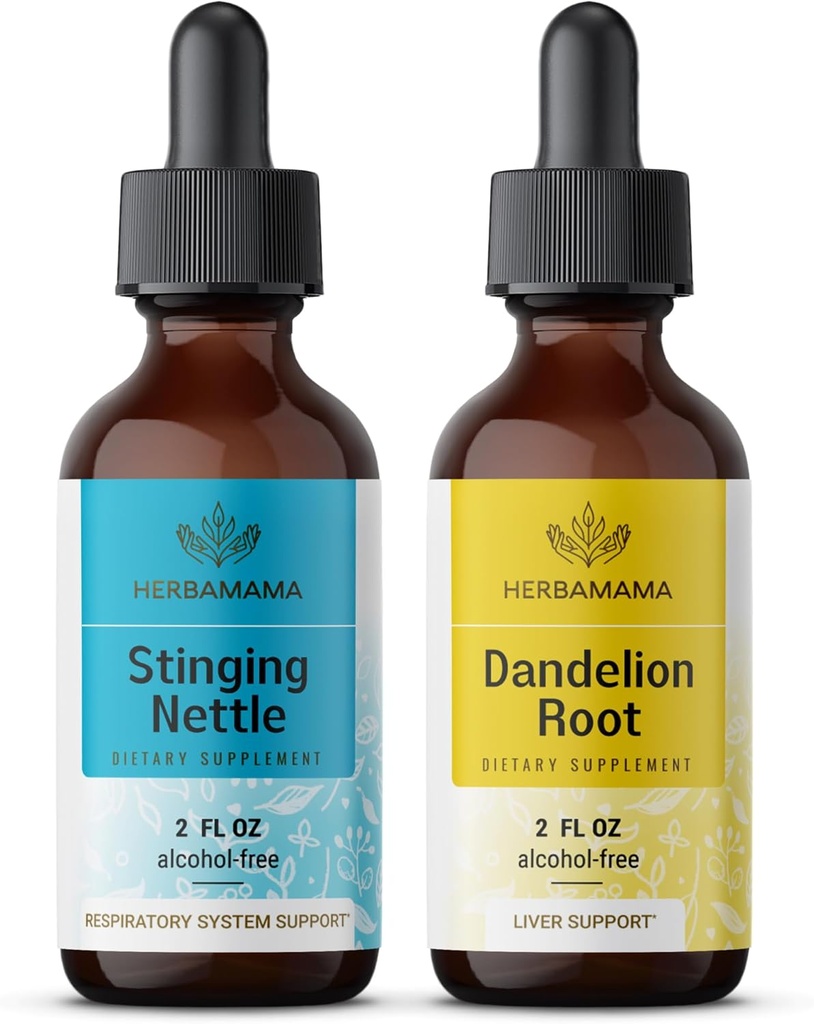 HERBAMA Zāļu šķidruma pilienu komplekts - Stinging Nattle & Dandelion Saknes Tincture 2 fl oz - Vegan, ne-GMO, bez cukura un alkohola - 2 iepakojums