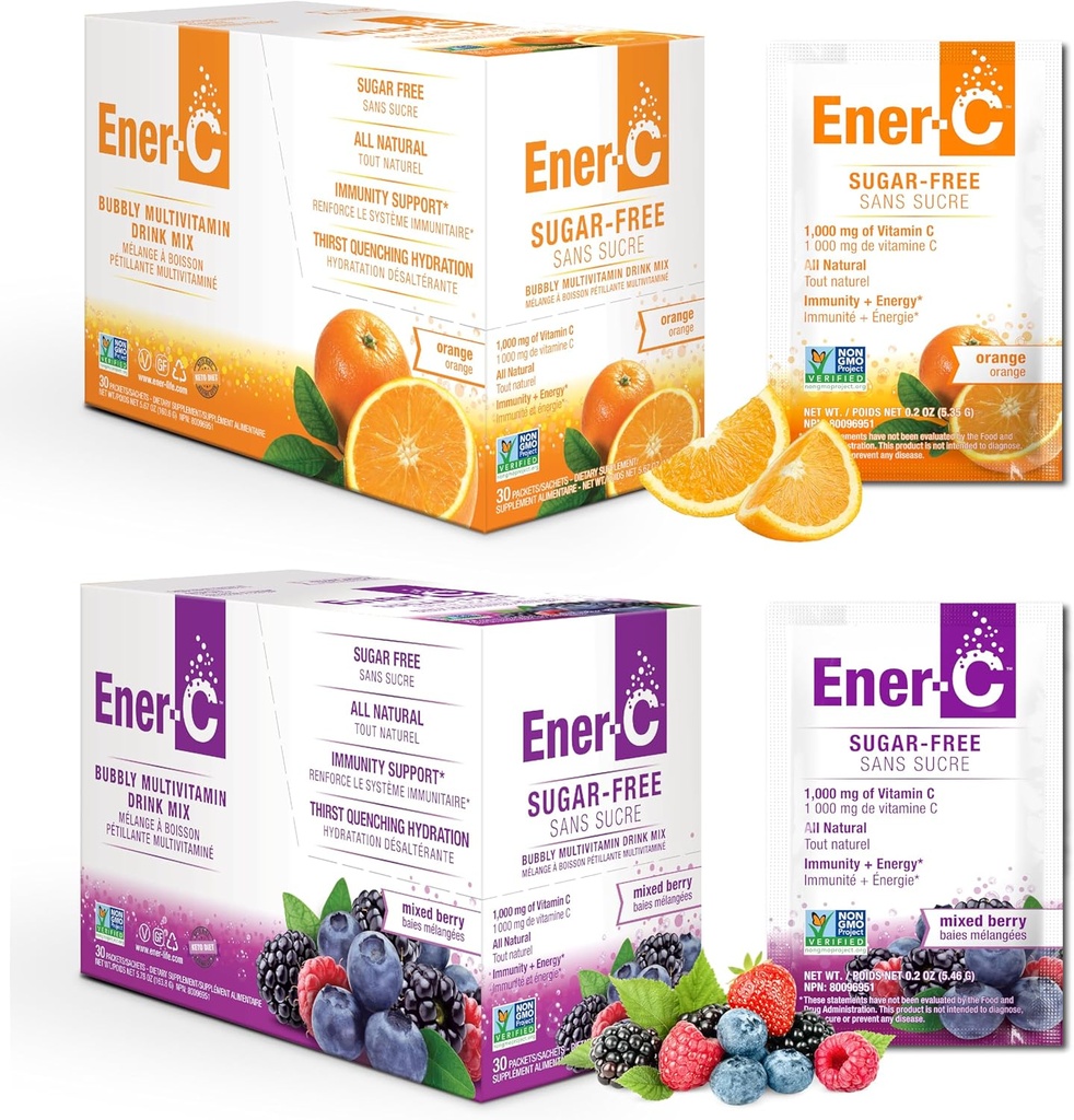 Ener-C bezcukura multivitamīnu dzērienu maisījums - Vitamīnu pulveris ūdenim, Elektrolītu pulveris Nē cukurs, hidrācija Boost paketes, Nulles cukurs, vitamīns C & B12 Papildinājums Šķidrais maisījums - Orange & Berry, 60 Count