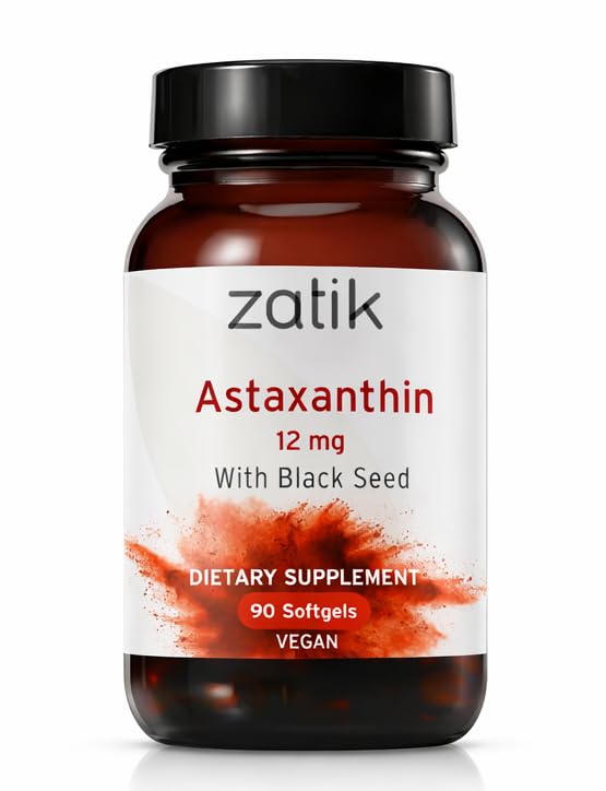 Zatik Naturals - astaksantīns 12mg ar organiskām melnām sēklām, antioksidants, 90 Vegan Softgels