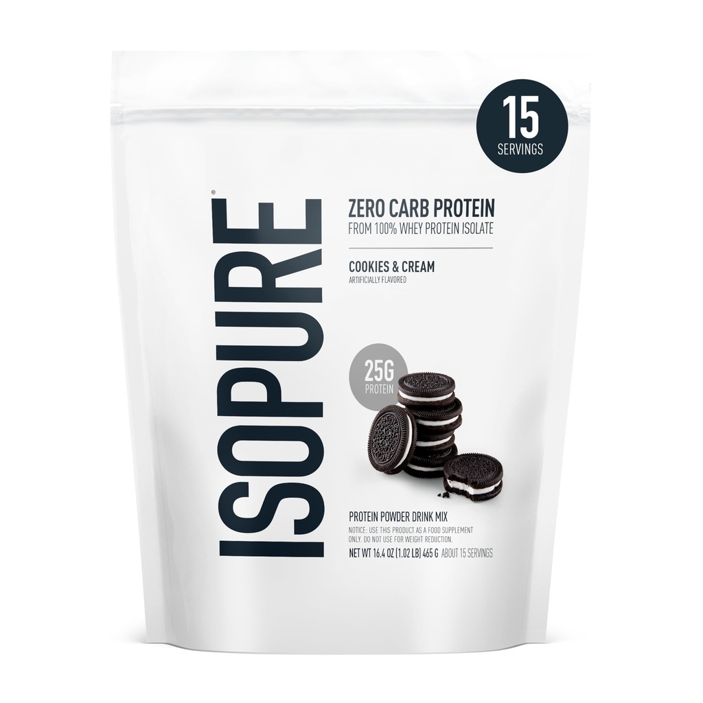 Izopurs Zero Carb 100% Pure Whey Isolate Protein Powder, nesatur laktozi, bez lipekļa, ar vitamīniem, Cookies & Cream, 25g Protein Per Serving, 1 Lb, 15 Servējumi (iepakojums May Varary)