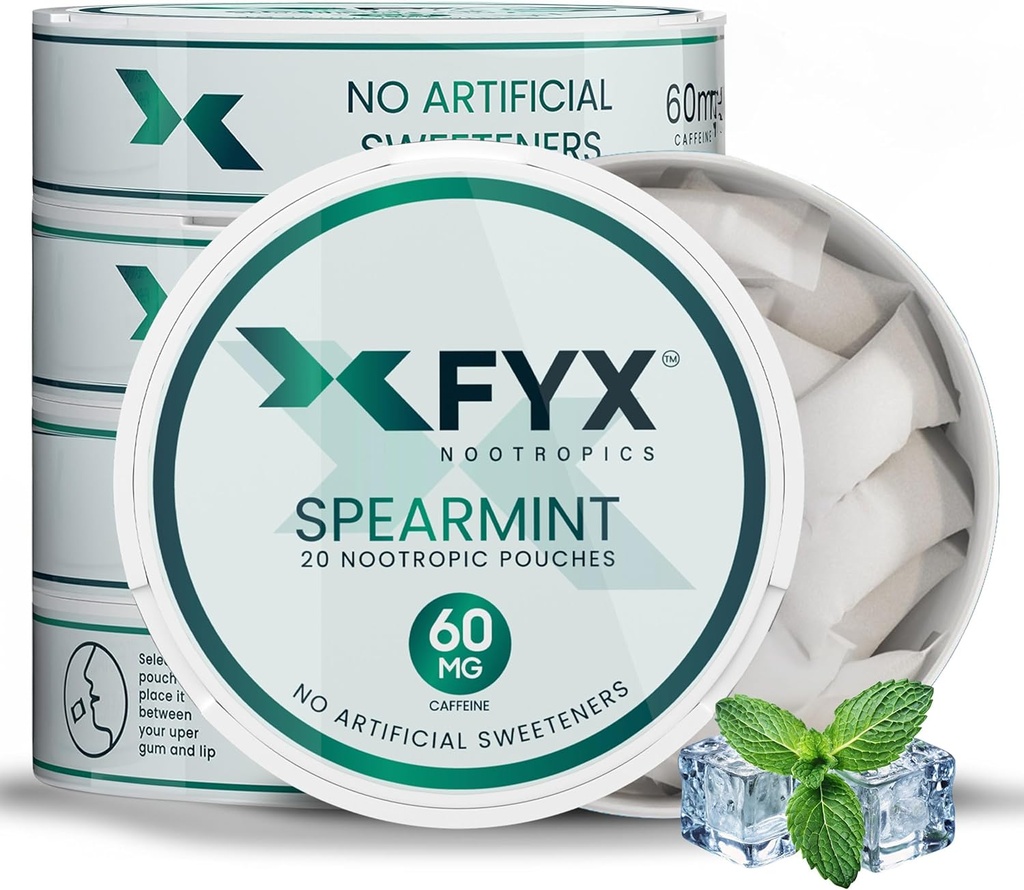 FYX kofeīns Nootropie maisiņi – tīra enerģija un fokuss ar alfa-GPC, L-tirozīns un L-teanīns – 60 mg kofeīna maisiņi – bez cukura alfa Nootropie maisiņi – 5-paka (5-Count, Spearmint)