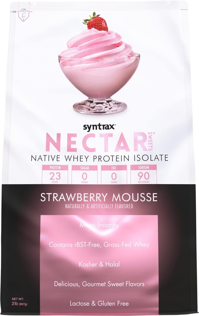 Syntrax Nutrition Nectar Saldumi, 100% sūkalu izolāta proteīna pulveris, zemeņu Mousse, 2 mārciņas