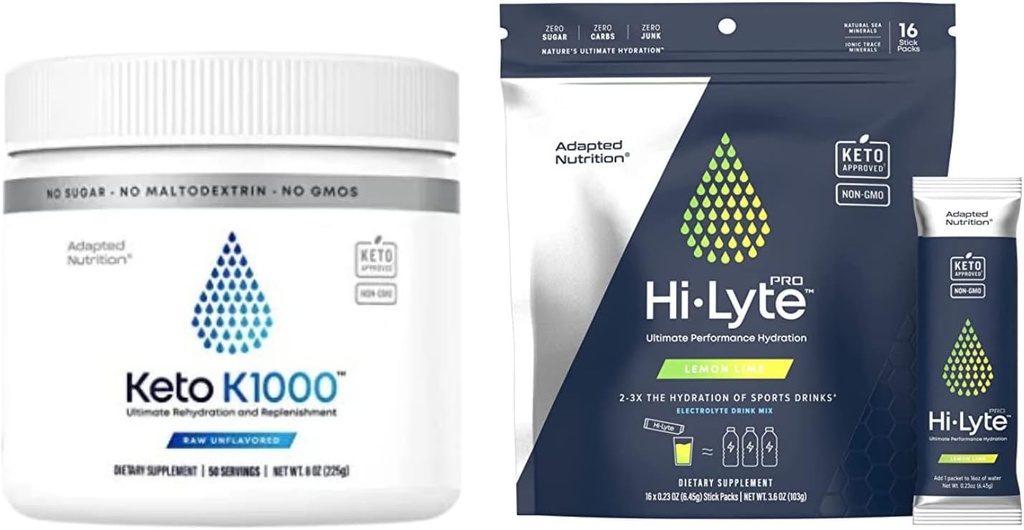 Hi-Lyte Keto K1000 Electrolyte Powder ; hidrācijas papilddzēriens Maisījums; jēls minerāls Flavor, Nr. Stevia ; 50 Apkalpošanas; Plus Pro Hydration Packets; 16 individuālie dzērienu iepakojumi; citrona laimi