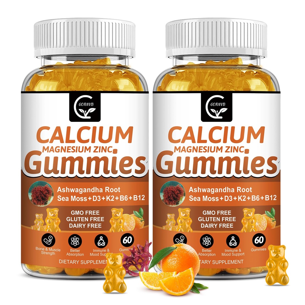 1200mg kalcija Gumijas ar vitamīnu D3,K2,B12 & B6 - Augu komplekss kalcija magnija papildinājums ar glicinātu, potasiju, jūras mosu, ashwagandha Kaulu un zobu stipruma saknes, muskuļu un imūn-2 iepakojumā