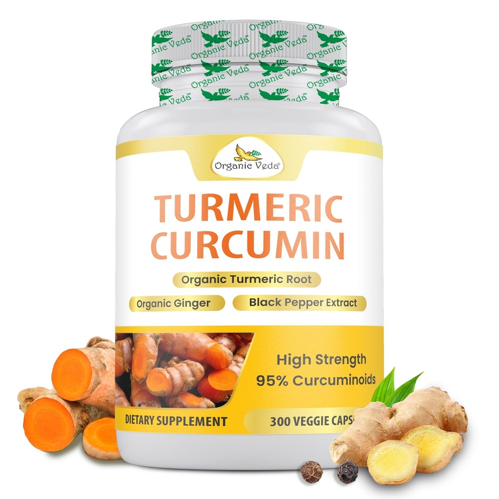 Organic Veda Turmeric un ingvera kapsulas 300 Tabletes - Organic Turmeric Curcumin ar melno Piparu kopīgam atbalstam - ne ĢMO, bez lipekļa, kurkuma un ingvera papildinājums (95% kurkuminoīdi)