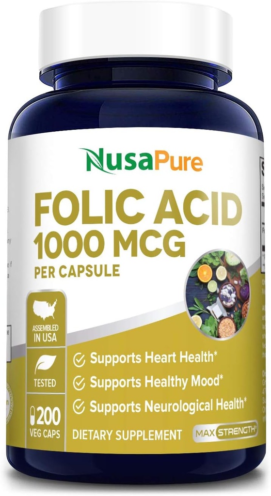 NusaPure Folijskābe 1000mkg 200 Veggie Caps (Ne-GMO, Veģetārs, nesatur lipekli)