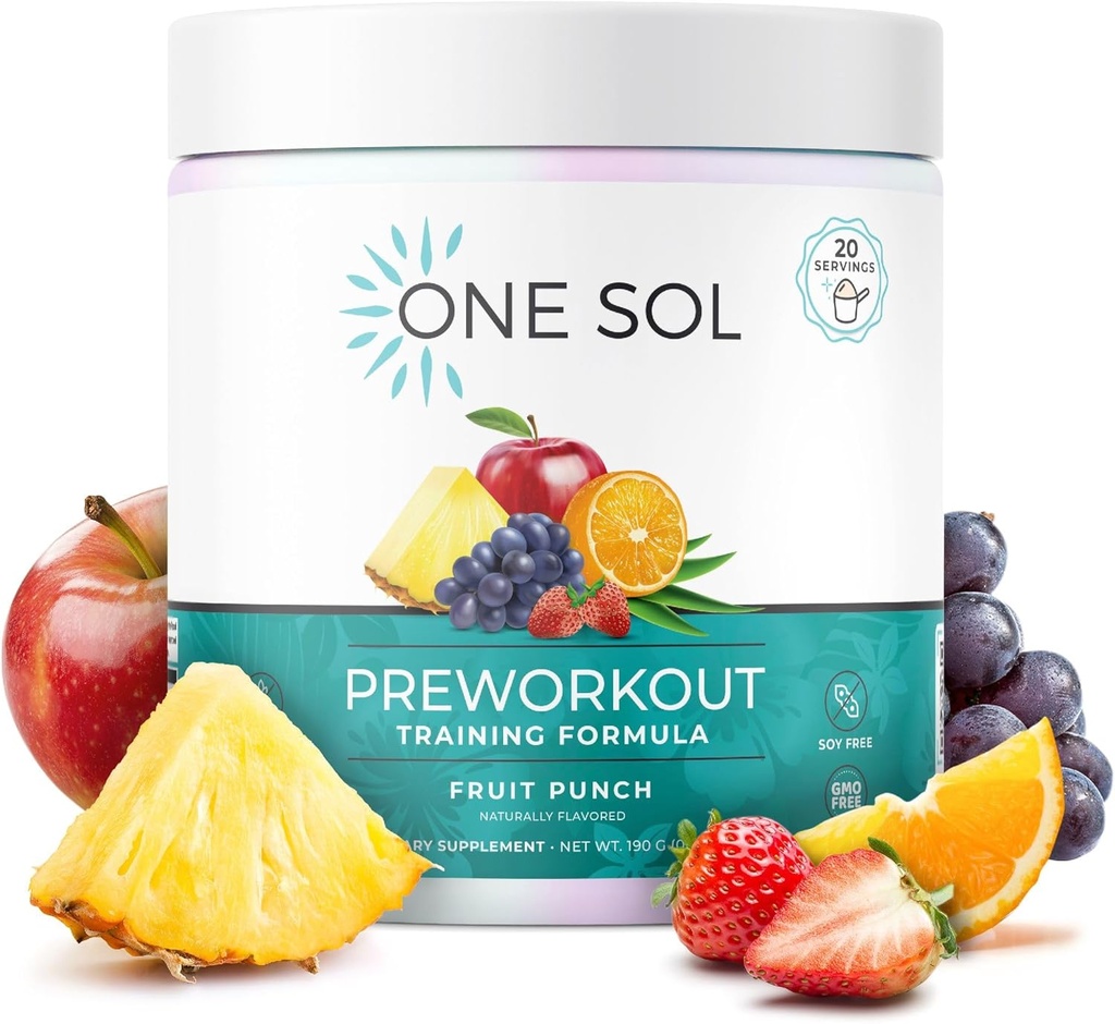 One Sol Pre-Workout sievietēm, Uzlabots sūknis & Focus, Nav džitri vai Crash, Dabas Sastāvdaļas, 100% Vegan, bez lipekļa un sojas, (Augļu Punch)