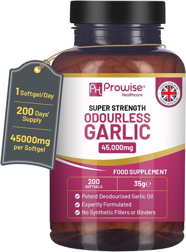 Bez smaržas Ķiploku kapsulas - 45,000mg uz softgel - 200 softgeli (nav tabletes) Super Augsta stipruma - Auksti presētas un deodurizētas Ķiploku eļļas ekstrakts no Allium Sativum