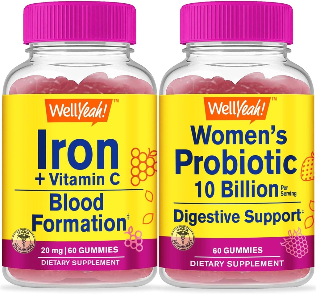 WellJā Iron+Vitamin C + Probiotikas Sievietes 10B KVV, Gumijas Bundle - Great Tasting, Vitamīnu Papildinājums, Bez lipekļa, Bez ĢMO, Košļājamā gumija