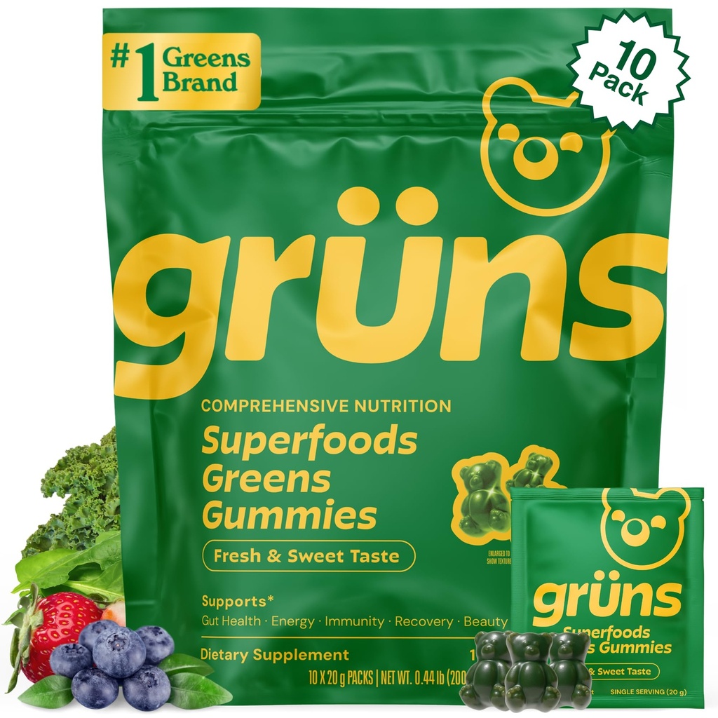 Grūns Pieaugušie Super Zaļie Gumijas - Superfood Gummy Bears with Spirulina, Chlorella & Prebiotics gremošanas veselībai - Adaptogens Papildinājums ar 20 Vitamīniem un minerālvielām, Zema cukura - 2 nedēļu piegādes