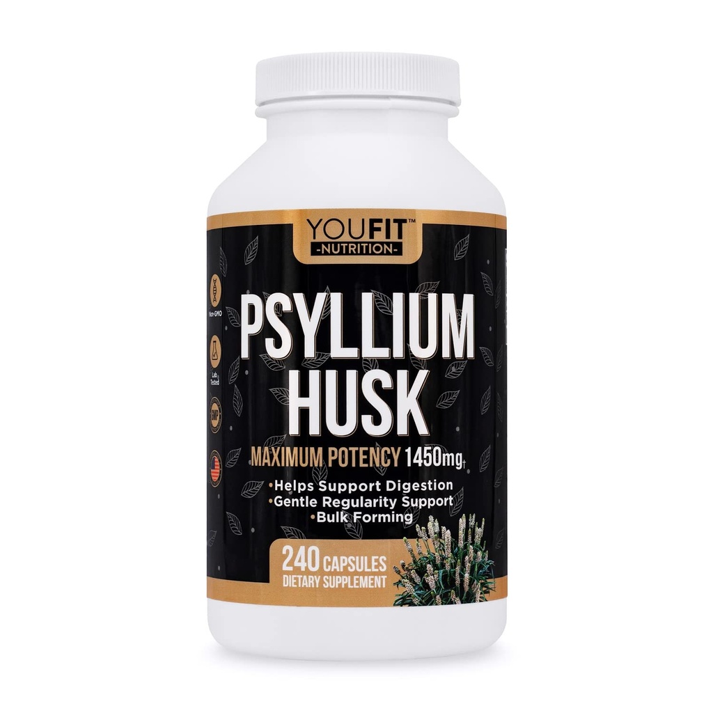 PSYLLIUM Husk Kapsulas - Premium Psilium Fiber papildinājums - veicina zarnu veselību un regularitāti - 100% dabīgs Šķīstošais Fiber 1450mg uz vienu apkalpo - 240 kapsulas