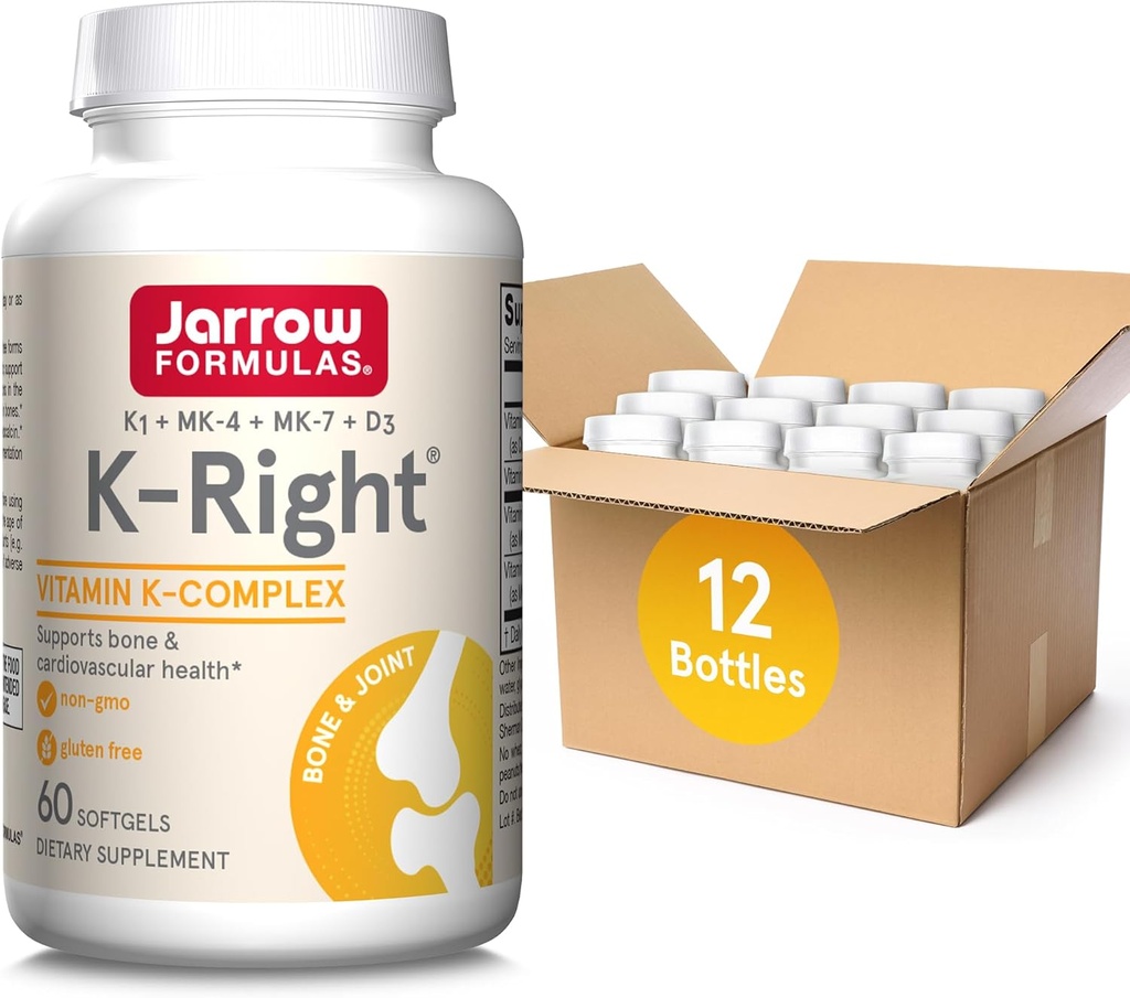 Jarow Formulas K-Right - K-Complex vitamīns (K1, MK-4, MK-7, D3) - 60 Servējumi (Softgels) - Uztura papildinājums kaulu un sirds un asinsvadu veselības atbalsts - K2 vitamīns MK-7 - bez lipekļa, iepakojumā 12
