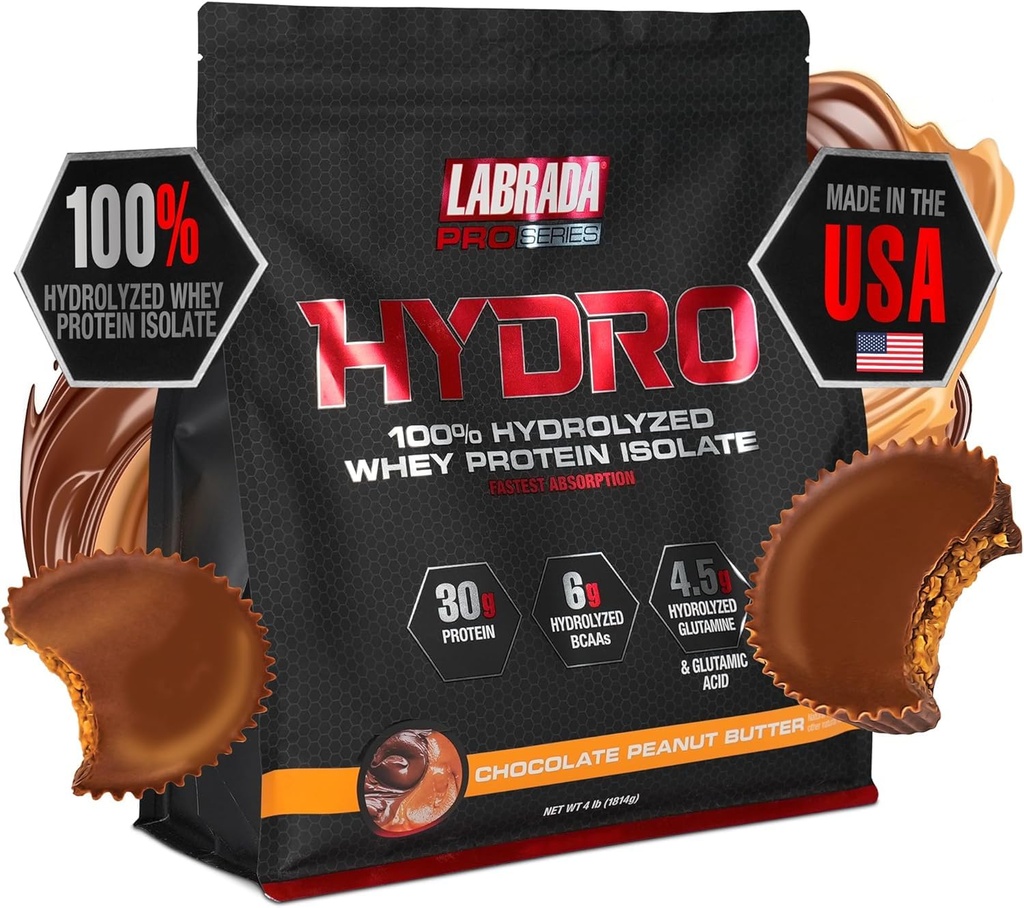 LABRADA Hydro 100% Pure Hidrolizēts Sūkalu proteīns Pulveris, nesatur laktozi, glutamīnu, ātrāko gremošanas sūkalu pieejams, tūlītēja sajaukšana, Garšīga garša 45 Kalpo 4lb (Peanut sviests)