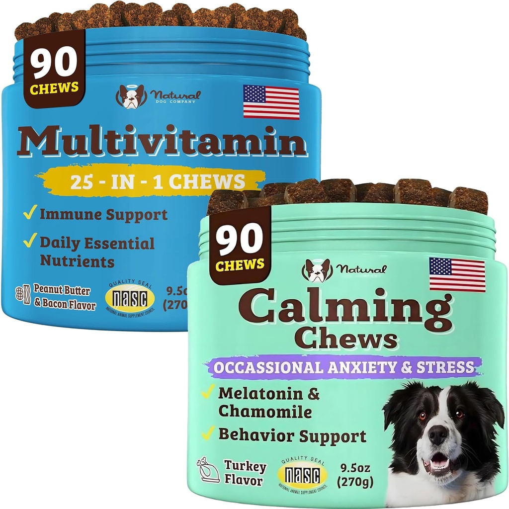 Natural Dog Company Multivitamīnu un kalšanas Papildinājums Bandle, Dienas Nutrients un Trauksme atvieglojums suņiem, Atbalsts kopīgās veselības, ādas un ādas, samazināt stresu no trokšņa un ceļot, Essential Vitamīni