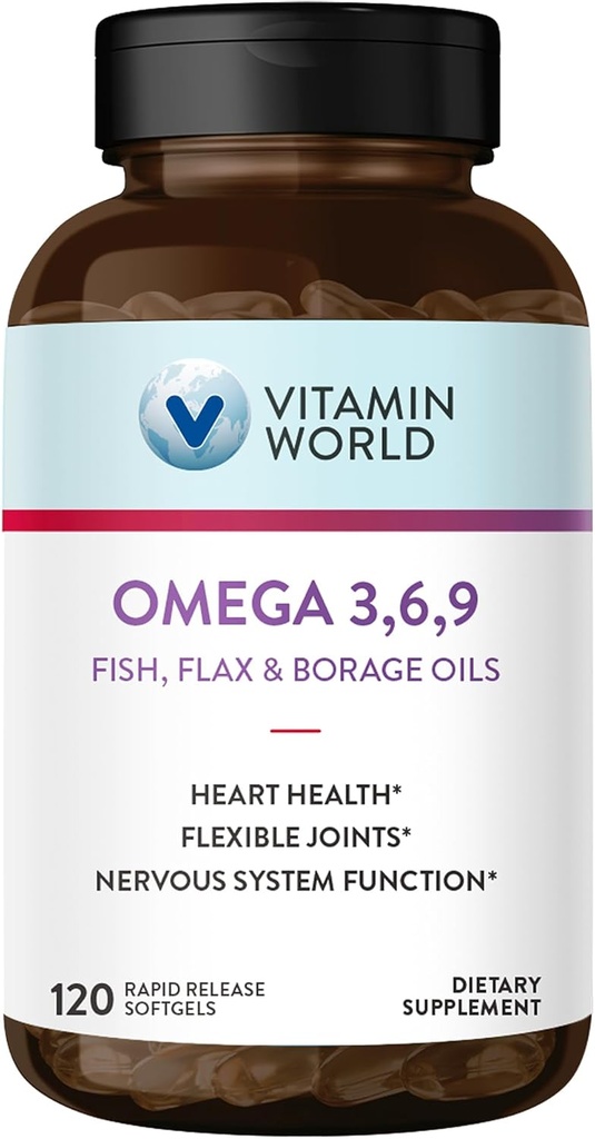 Pasaules vitamīnu Triple Omega 3-6-9 3000mg ar zivīm, flax, berzes un vakara Primrozes eļļām, omega-3 taukskābēm ar EPA un DHA, atbalsta sirds, smadzenes un imūno veselību, bez lipekļa, 120 Softgels