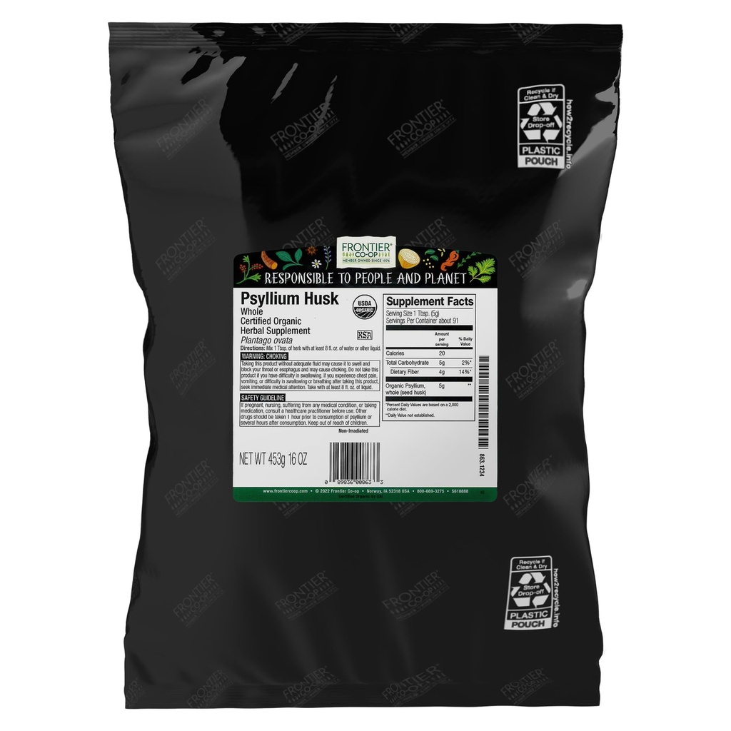 Frontier Co-op Organic Psyllium Husk 1lb - Vesels Psyllium Husk, Organic & Kosher - Psyllium Husk Fiber for Baking, Psyllium Nutritional Papildinājums gremošanas, Psyllium Husk pulvera Bulk