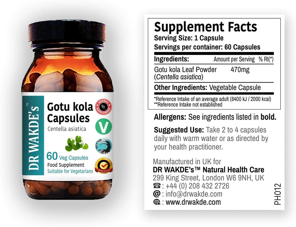 DR WAKDE'S Gotu kola kapsulas (Mandukparni, Centella asciatia, 60 Veg Caps, Augu bāzes papildinājums, Ayurvedic Herb, All Natural, Vegan)
