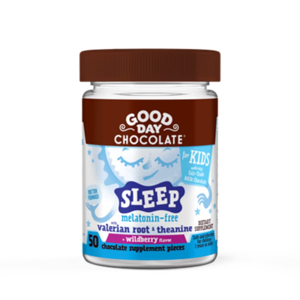 Laba diena Šokolāde Dabīgais baldriāns Sakne bērniem, Augu miega papildinājums, Organic Wildberberberry Flavor, Godīga tirdzniecība un ne-GMO Šokolāde, L-Teanīns, 50 gabali