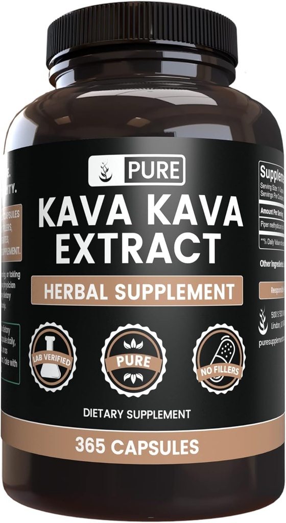 PURE ORIĢINĀLIE SASTĀVDAĻI Kava Kava (365 kapsulas) Nē Magnija vai rīsu pildījumi, Vienmēr tīri, Lab Verified
