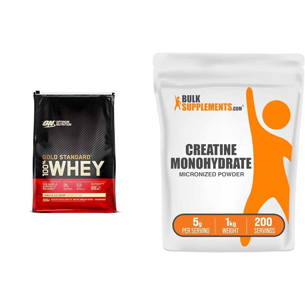 Optimum Nutrition Gold Standard 100% Sūkalu Olbaltumvielas Pulveris, Vanilla Ice Cream, 10 Pound (iepakojums May Vary) & BulkPiedevas Mikronizēta kreatīna monohidrāts Pulveris (1 Kilograms)
