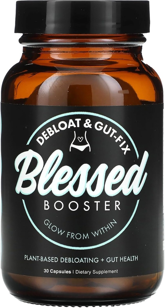 BLESSED Booster De-Bloat & Gut Fix - Daily De-Bloat & Gut Health for Belly Bloat Relief & Water Reservation, Gremošanas enzīmi, Augu bāzes, Vegan-Draudzīgi, no lipekļa brīva, bez cukura (30 kapsulas)