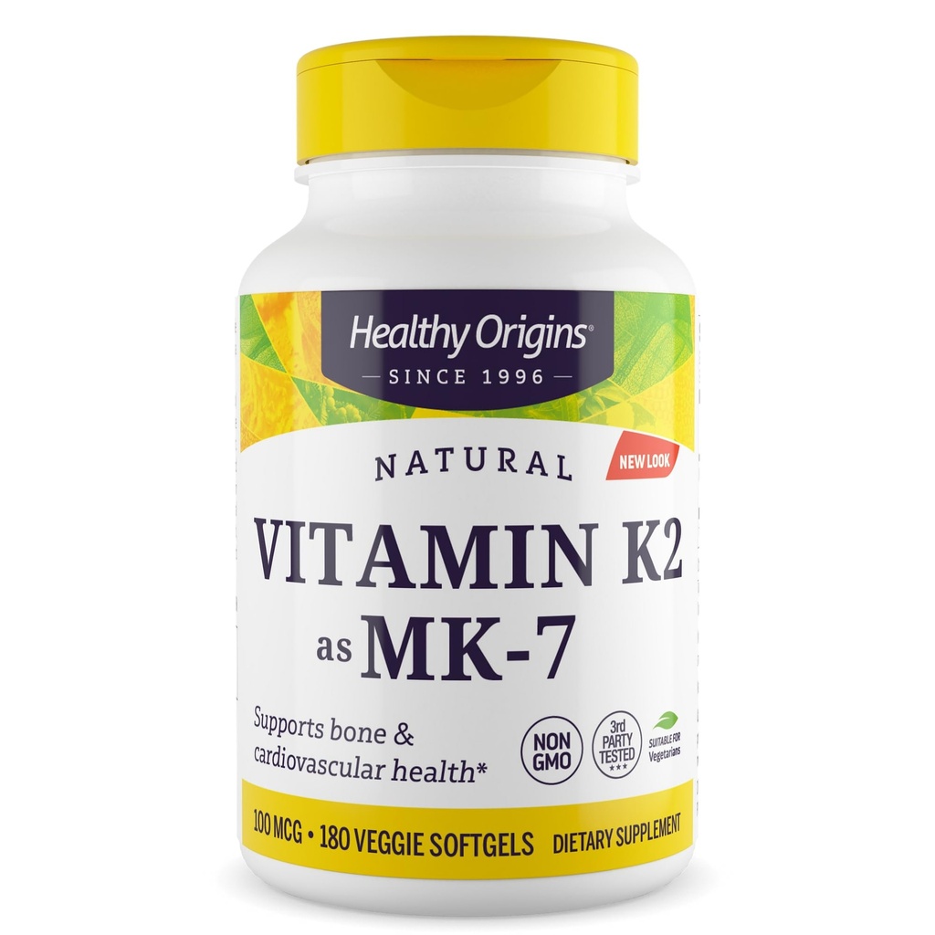 Veselīgas izcelsmes K2 vitamīns 100 μg (MK-7, ne-GMO, bez lipekļa, kardiovaskulārs atbalsts, kaulu atbalsts), 180 Veggie gels