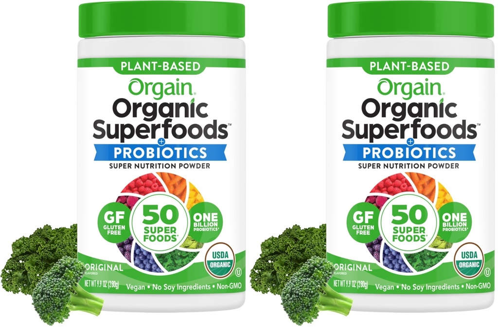 Orgain Organic Greens Pulveris + 50 Superfoods, Oriģināls - 1 miljardu probiotikas Gut Health, Antioksidanti, Vegan, augu bāzes, bez lipekļa, ne ĢMO, bez piena sulu un gludo sīrupu maisījums - 0,62lb
