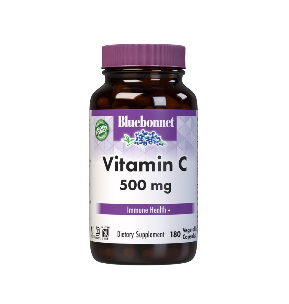 Bluebonnet Nutrition C vitamīns 500 mg Dārzeņu kapsulas, askorbīnskābe, imūnās veselības un ādas veselībai, vegans, veģetārietis, neĢMO, bez lipekļa, bez sojas, bez piena, košera, 180 Dārzeņu kapsulas