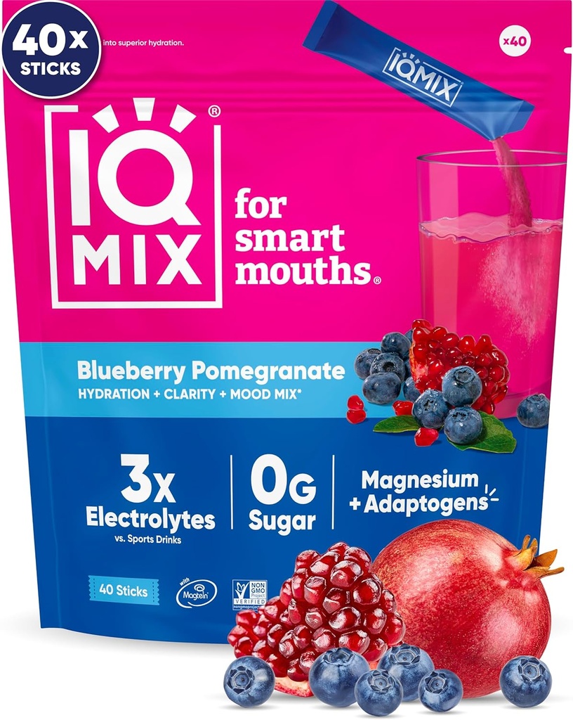 IQMIX hidratācija Elektrolītu pulveris – 4-in-1 Formula hidratācijai, garīgo skaidrību, garastāvoklis un reģenerācija – bezcukura dzērienu maisījums, Keto, magnija L-Treonate, Lion s Mane – 40 Grāfs Blueberry Granranate