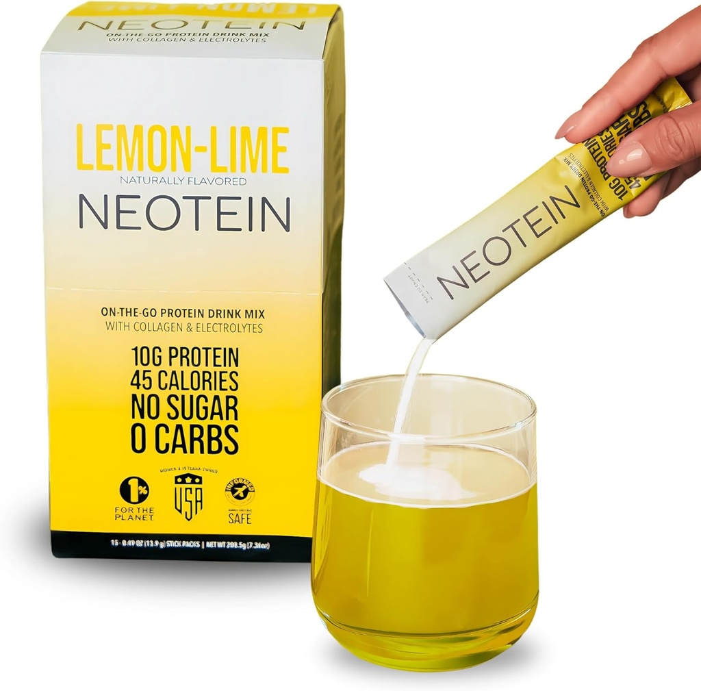 NEOTEIN: Elektrolītu pulverveida paketes, proteīnu pulveris ar 10g proteīna un kolagēna, - hidrācijas paketes - Nulles cukurs, NO Pildvielas, NO Carbs -- citrona laima, - 45 Kalorijas, Keto un Paleo, 15 g iepakojumā