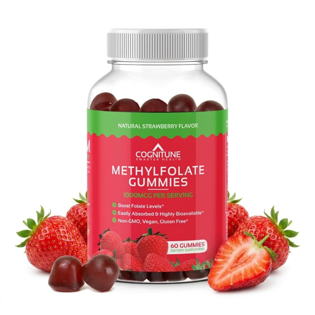 CogniTune Methylfolate Gummies - Viegli lietot augstas potences L-metilfolāts, Folāta Papildinājums smadzenēm, Sirds veselība un imunitāte, Delicious zemeņu Uzliesmojums, Non-GMO, Vegan, Gluten-free