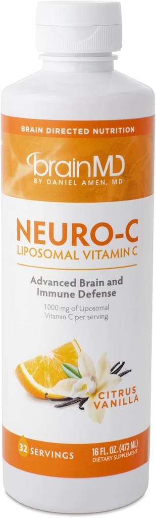 GRAINMD by Dr Amen Neuro-C, Citrus Vanilla - 16 fl oz - 1000 mg Liposomālais vitamīns C - Uzlabota smadzeņu un imūnā aizsardzība - bez lipekļa - 32 Kalpo