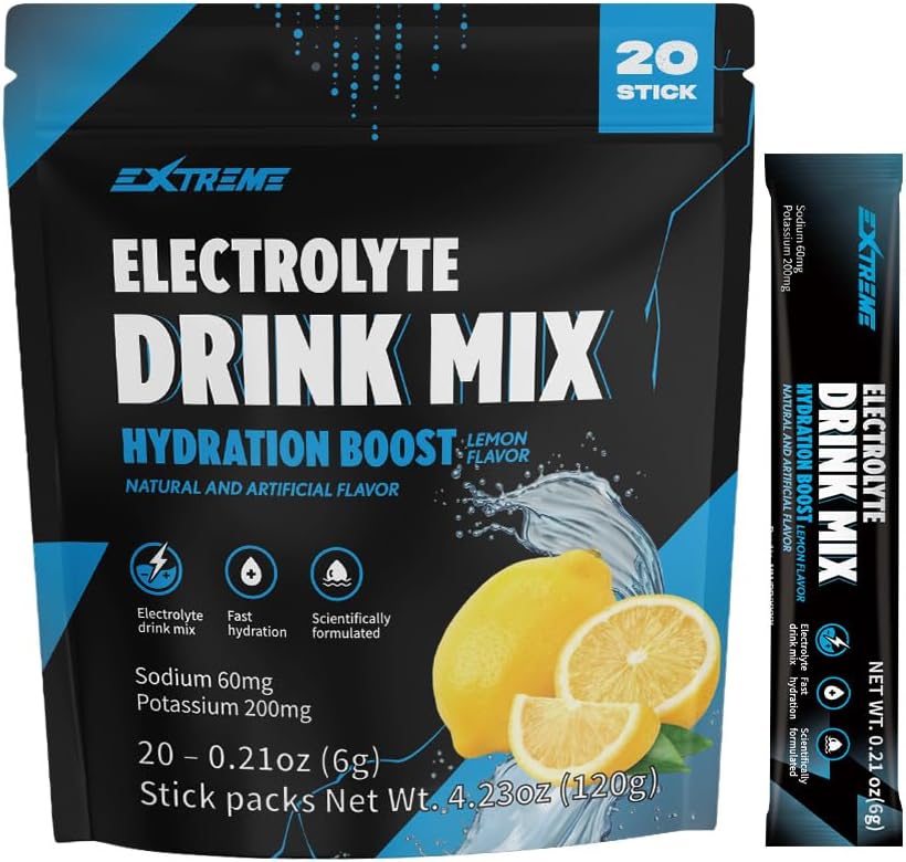 Extreme Electrolyt Drink Mix ar Nātriju 60mg, Kāliju 200mg, Taurīna hidrācijas pulveris, Nulle Cukurs, Nulle Kofeīns, NeĢMO, Nulle Gluten, Zema Calorie, Lemon Flavor (20 Paketes, 20 dienu piegādes)