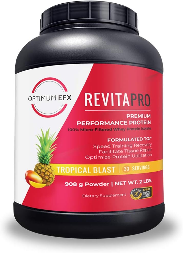 RevitaPRO, Premium Performance Olbaltumvielas, 100% mikrosūkalu proteīna izolāts, dabiski saldināts, nav sojas, nulle pievienots cukurs, nulle Mākslīgās sastāvdaļas -2 mārciņa (tropiskais domnas)