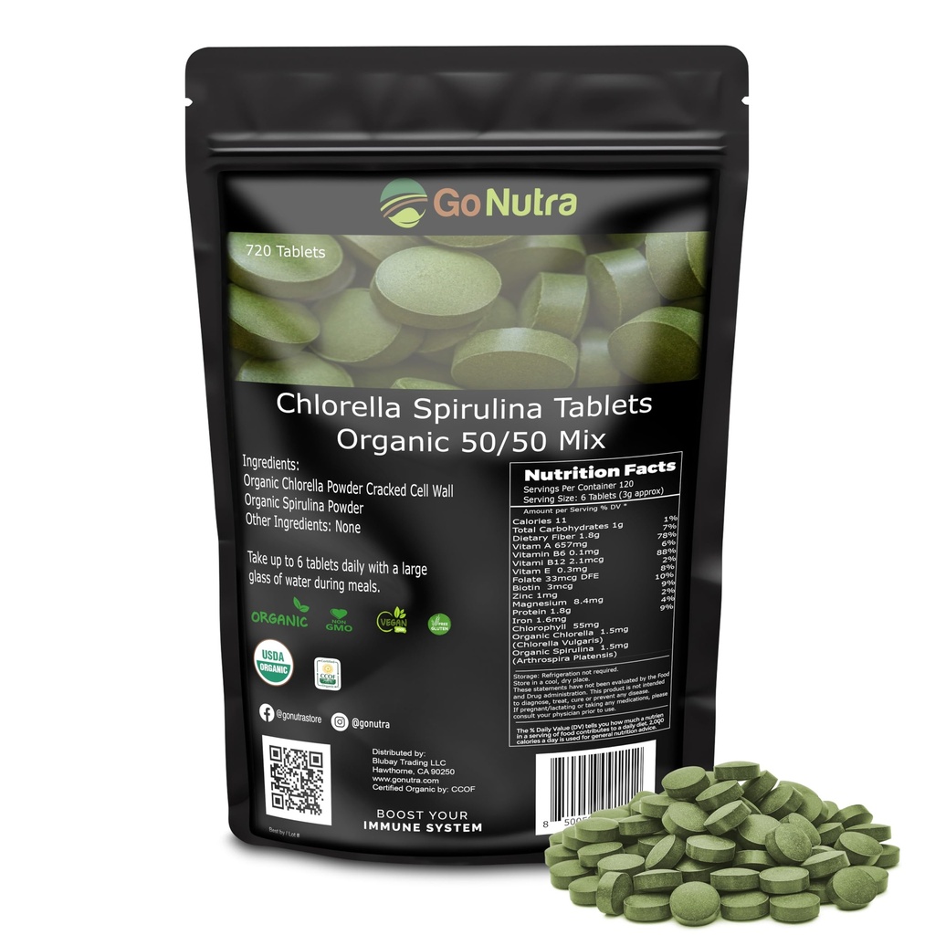 Go Nutra Organic Spirulina Chlorella tabletes 50/ 50 Blend        - Nutrient Dense Superfood - Vegan Protein, Chlorophyll, Enzīmi - 500 mg Katras Chlorella Spirulina tabletes, 720 Skaits, 4 Mēnešu Piedāvājums