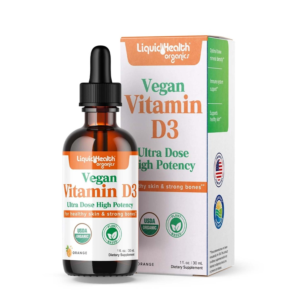 LIQUIDHEALTH D3 vitamīns 4000 SV, USDA Organiskais D vitamīns Šķidrie pilieni pieaugušajiem un bērniem, Vegāns D vitamīns imūnās sistēmas atbalstam, kaulu veselība, koka atbalsts, veselīga āda - ražoti ASV (2 oz)