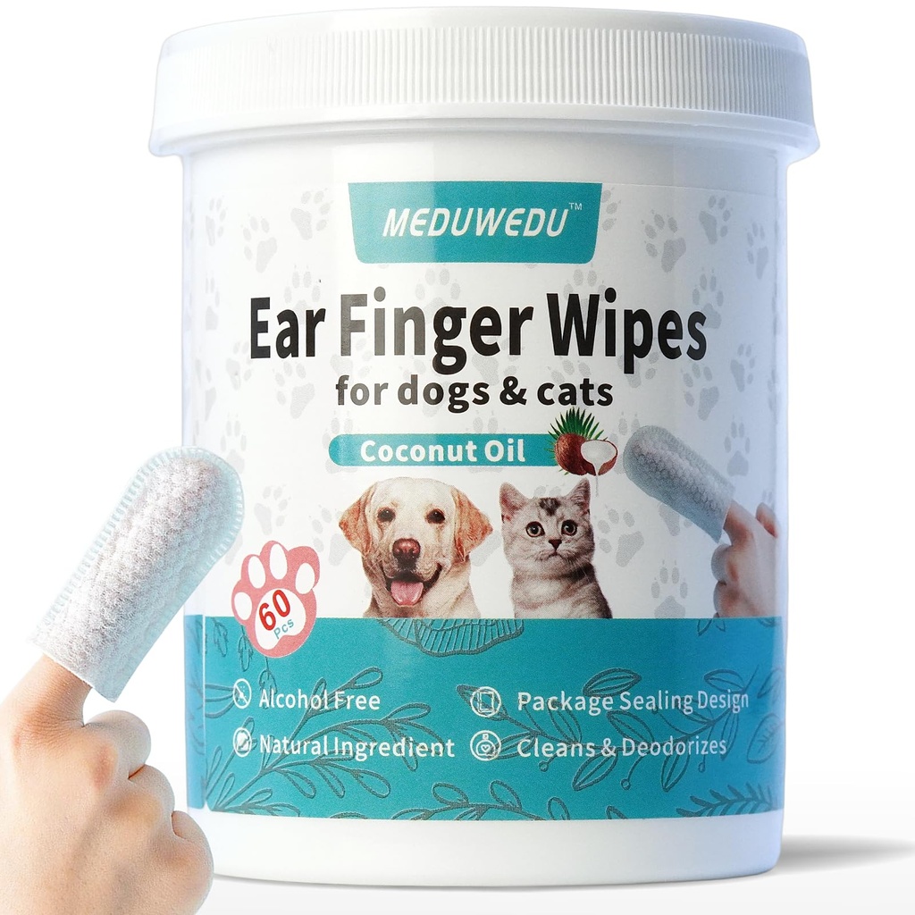 Ausu tīrītājs Finger Wipes 60 grāfi, suņu ausu tīrītājs, kopšanas komplekts Kopšana suņiem un kaķiem, Mīksts un viegli Otic Tīrīšanas Pads, Noņemt Wax, Netīrīšana un Apturiet Smelly, Niezoša, Nav Irritējoša, Kokosriekstu smarža