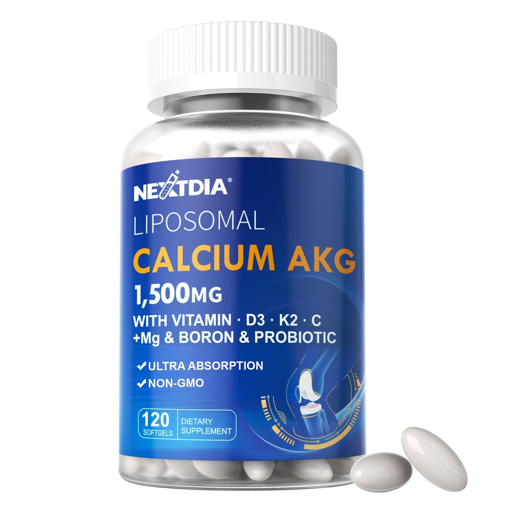 Liposomālā kalcija AKG papildinājums 1500mg ar vitamīnu D3 & K2 Softgels sievietēm un vīriešiem ; augsta absorbcija ; kalcija piedevas ar magnija glicinātu, boru, probiotikām un C vitamīnu kauliem - 120 tabletes