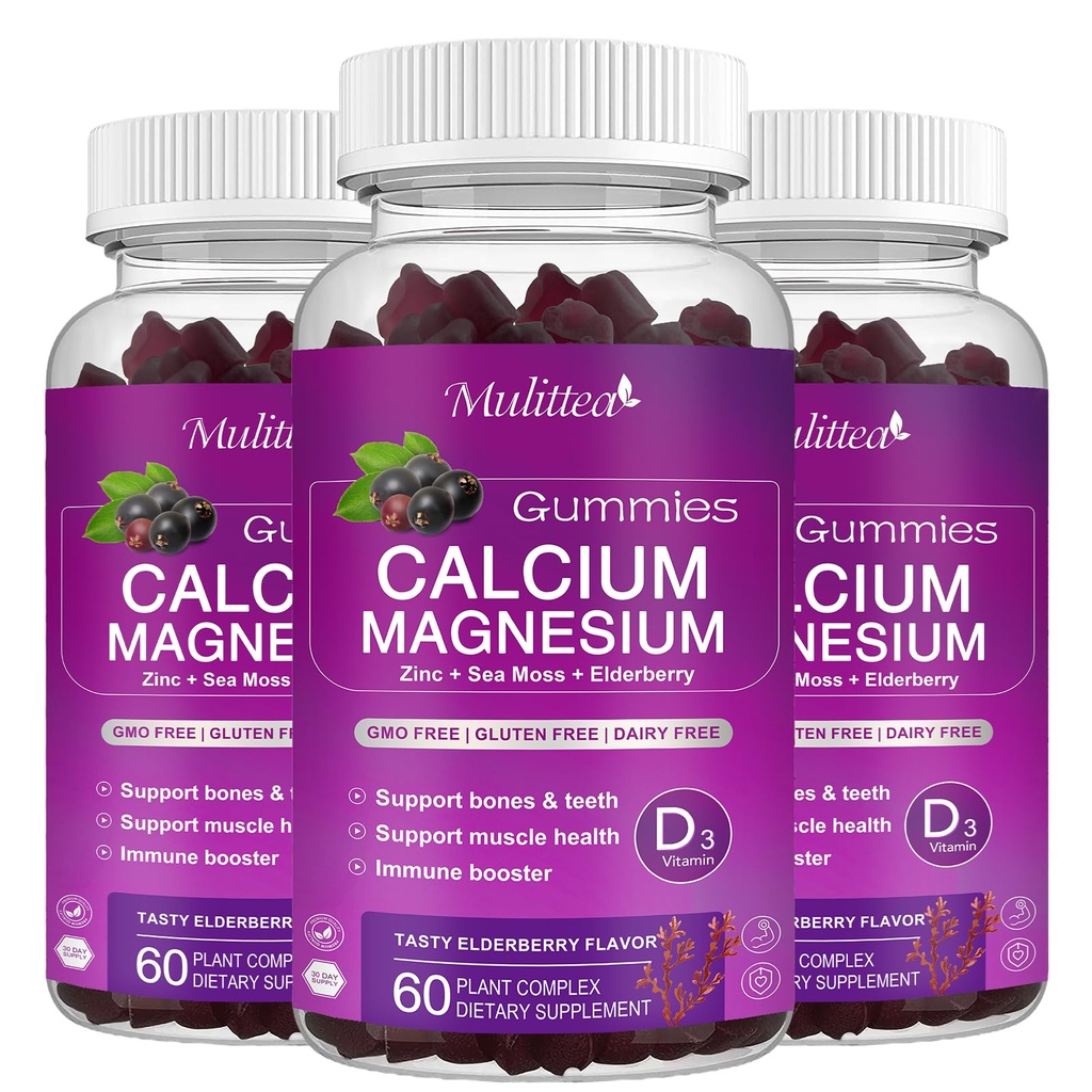 Kalcija magnija cinka gumijas ar augstu uzsūkšanos Magnijs Glicerīns 200mg, Kālija - Augu kalcija papildinājums w/ D3 & Sea Moss for Bone, Muskuļi, Calm Mood & Miega Atbalsts- Bērni un pieaugušie (3 Pack)